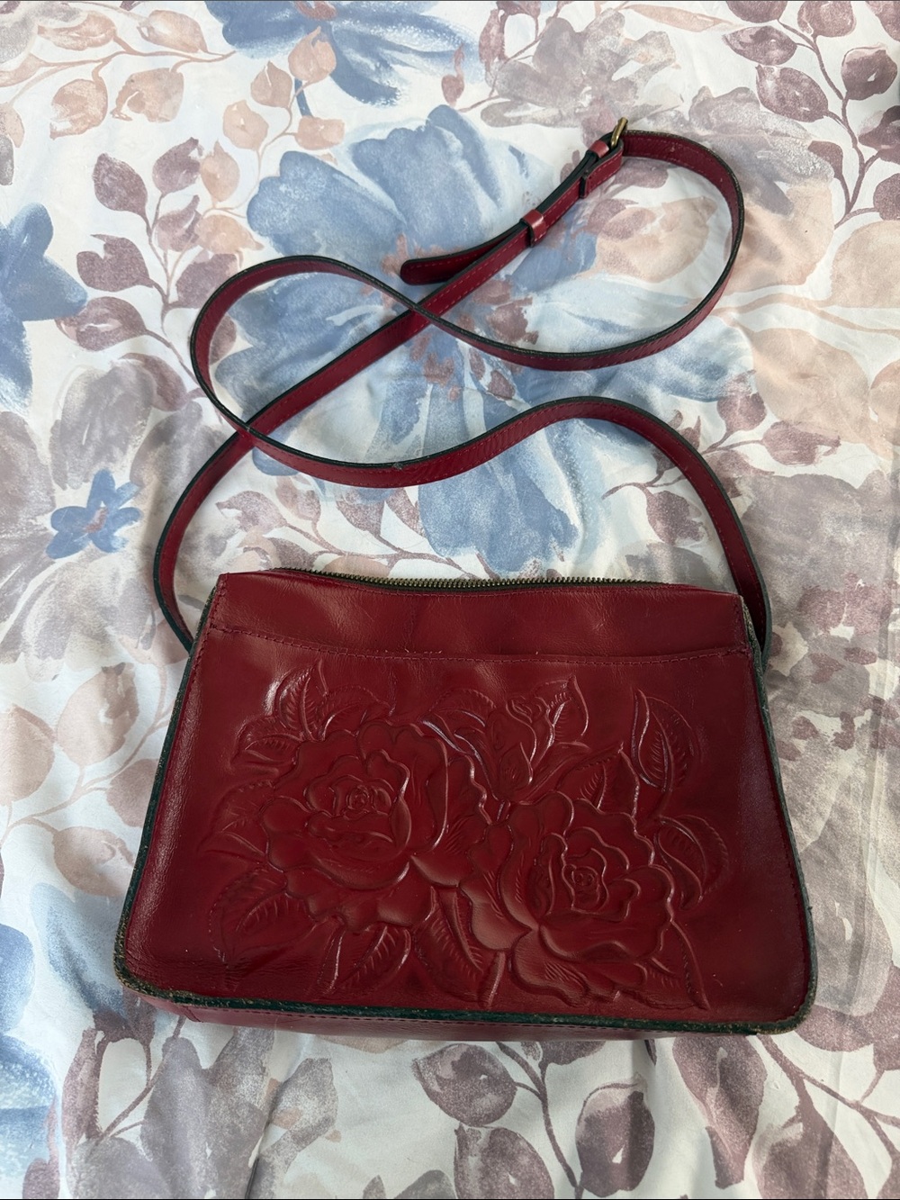 Patricia Nash Red Floral Embossed Leather Crossbody